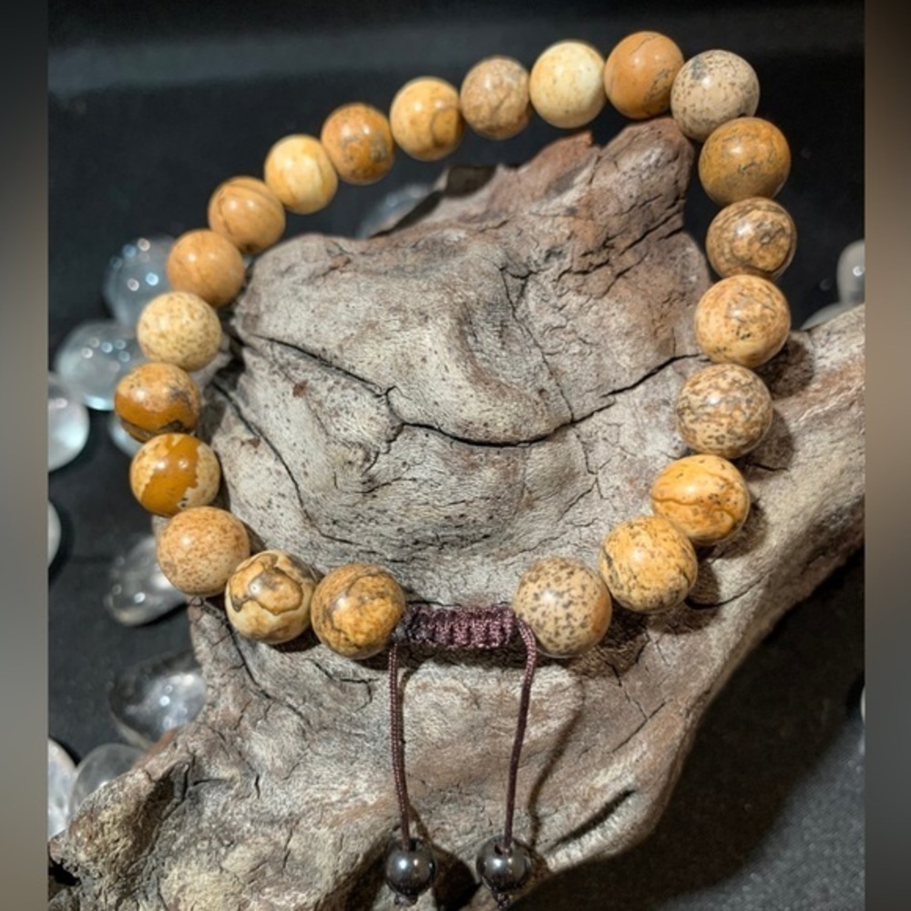 Men's Women's Earth Tones Picture Jasper Adjustable Bracelet / Hematite Dangles